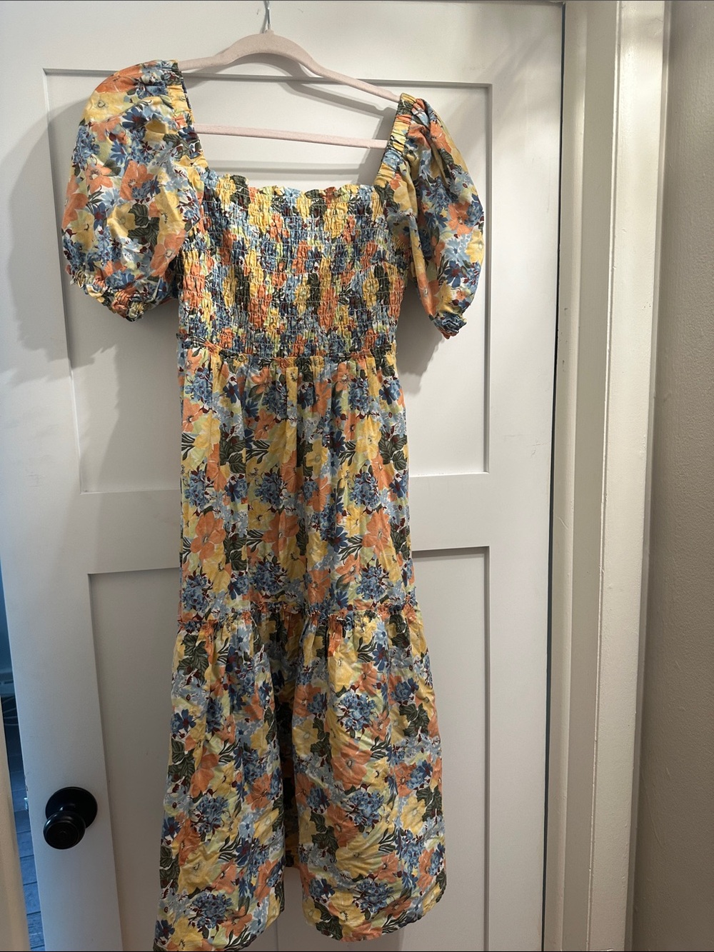 Abercrombie & Fitch Cream Floral Smocked Midi Dress